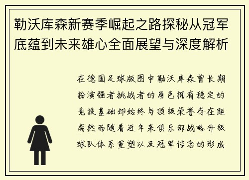 勒沃库森新赛季崛起之路探秘从冠军底蕴到未来雄心全面展望与深度解析